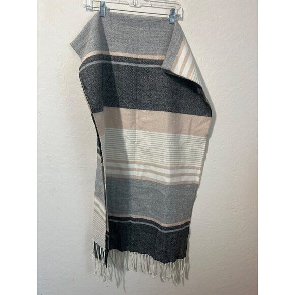 CK Calvin Klein Super Soft Striped Shades of Grey and Blush Pink Fringe Oversize - Picture 3 of 4